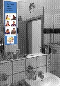 Mock-ups of a déjà vu display screens in a home environment (i.e. bathroom)